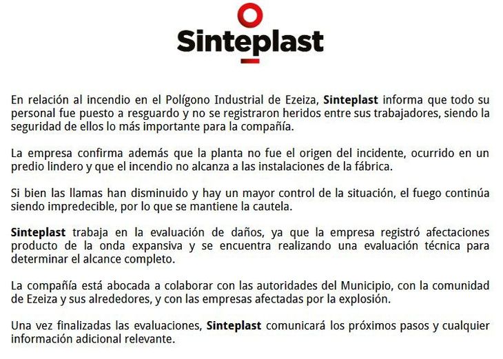 El comunicado oficial de una de las empresas afectadas por el incendio. El comunicado oficial de una de las empresas afectadas por el incendio.