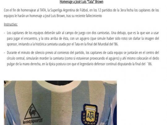 El comunicado de la Superliga anunciando el homenaje a José Luis Brown.