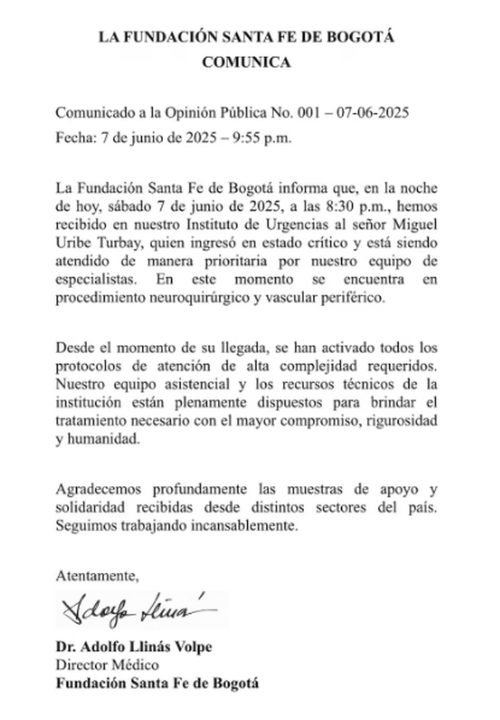 La Fundación Santa Fe, donde el político de 39 años permanece internado, informó que se activaron todos los protocolos de alta complejidad. La Fundación Santa Fe, donde el político de 39 años permanece internado, informó que se activaron todos los protocolos de alta complejidad.