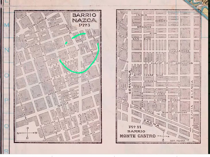 Mapa de la década del ´40 en donde se observa que la zona en donde están los pasajes se llamaba Barrio Nazca (Foto Gentileza: arquitecta Rossana Castiglioni) Mapa de la década del ´40 en donde se observa que la zona en donde están los pasajes se llamaba Barrio Nazca (Foto Gentileza: arquitecta Rossana Castiglioni)