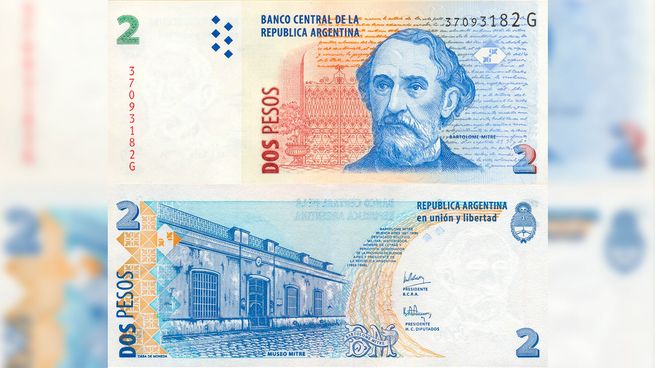 Billete de 2 pesos. Bartolomé Mitre.