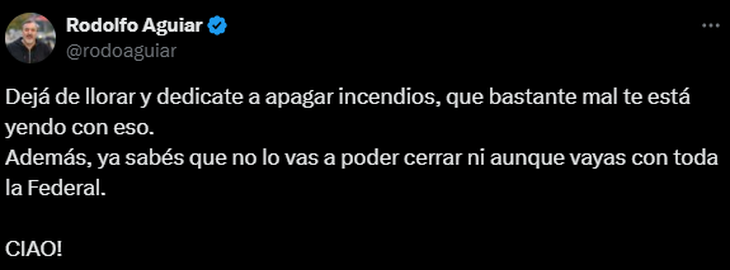El tuit de Rodolfo Aguiar contra el presidente de la Administración de Parques Nacionales, Cristian Larsen.