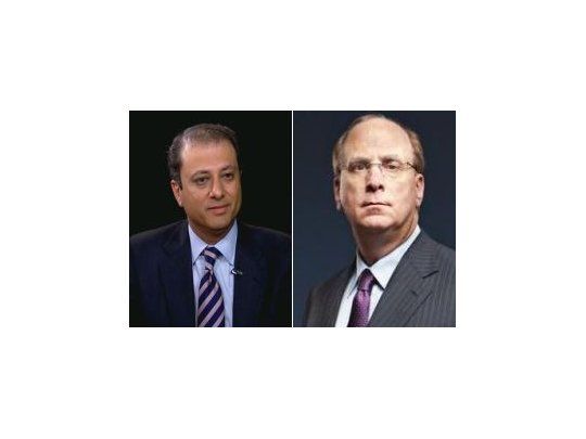 El Fiscal del Distrito Sur de Nueva York, Preet Bharara, y el multimillonario y CEO del mayor fondo de inversión del mundo, Larry Fink.