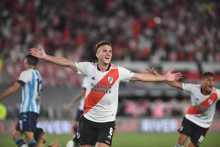 Agustín Palavecino, celebrating a goal against Racing for the 2021 Professional League, where River was champion. Agustín Palavecino, celebrating a goal against Racing for the 2021 Professional League, where River was champion.