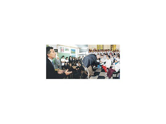 En la campaña,de cara alas elecciones,Jorge Telermany MauricioMacri curiosamenteserinden ante unpúblico que novota ni participaactivamenteen los comicios.Ayer, eljefe de PROestuvo en unaescuelaevangelista.Telerman dioclase deeducación vial.