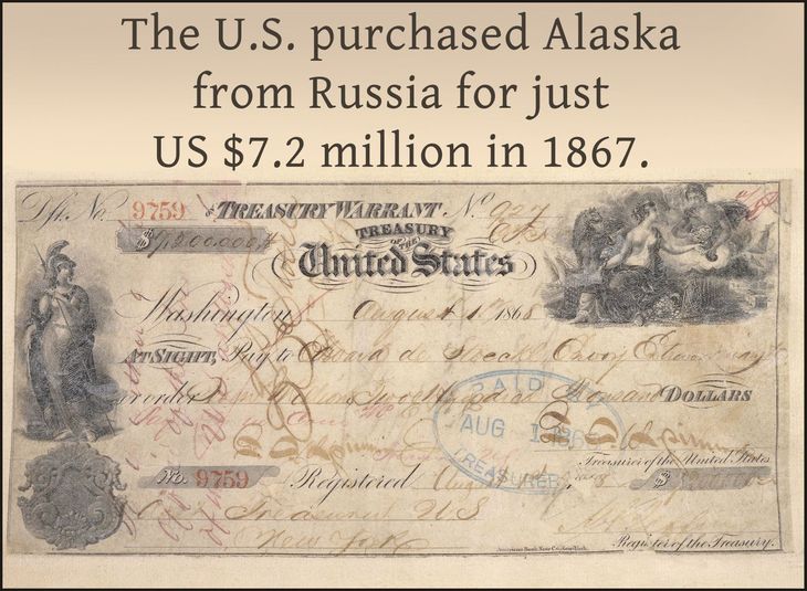 En 1867  EEUU emite el cheque para la compra de Alaska a Rusia.