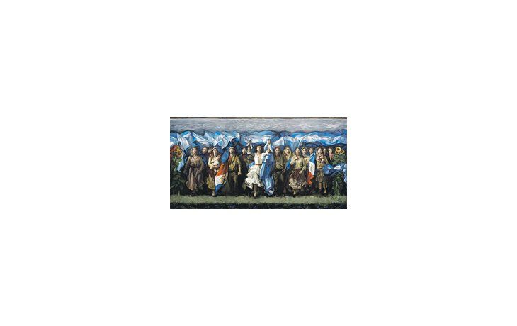 «La Constitución...», el mural de Guillermo Roux que le encargó realizar la Cámara de Diputados de Santa Fe para ese recinto, y que acaba de ser inaugurado.