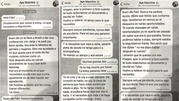 Los chats entre Fabiola Yañez y Ayelén Mazzina, difundidos por Infobae. Los chats entre Fabiola Yañez y Ayelén Mazzina, difundidos por Infobae.