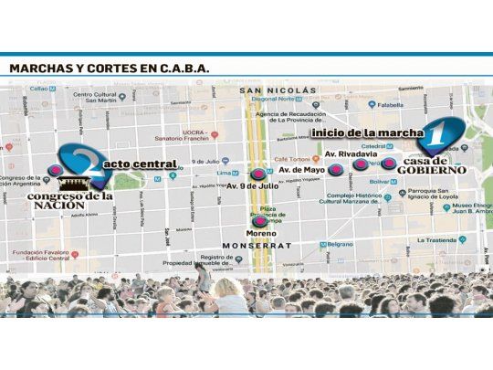 Marcha y cortes. El acto principal será a las 17.30 frente al Congreso, previa marcha desde la Plaza de Mayo. Desde el mediodía habrá concentraciones y cortes en distintos puntos del centro, que afectarán el tránsito.