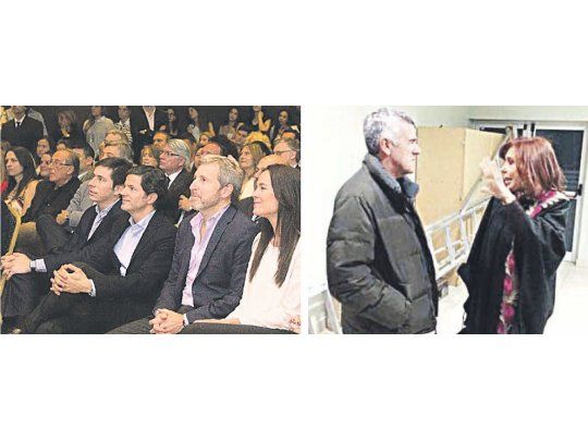 Pensar. Mauricio Colello, Luciano Laspina, Rogelio Frigerio y Anita Martínez encabezaron el acto del viernes en Rosario. La expresidente fue el sábado al teatro a ver “Dadyman” en Santa Cruz.