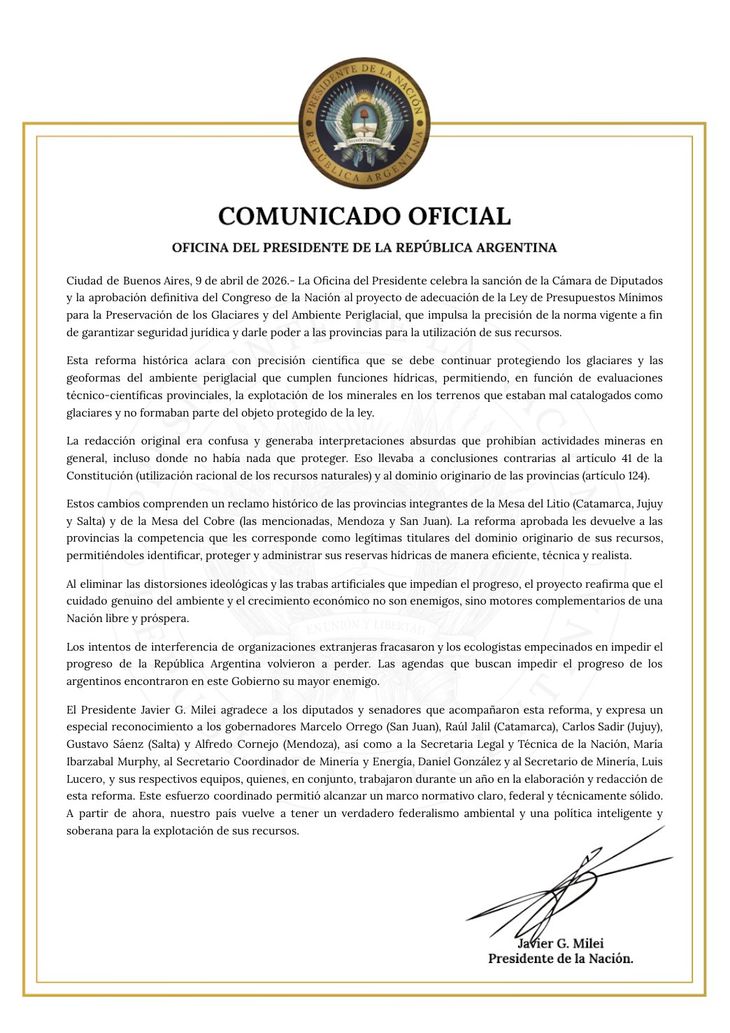 El mensaje completo del Gobierno tras la, aprobación de la reforma de la ley de Glaciares. El mensaje completo del Gobierno tras la, aprobación de la reforma de la ley de Glaciares.