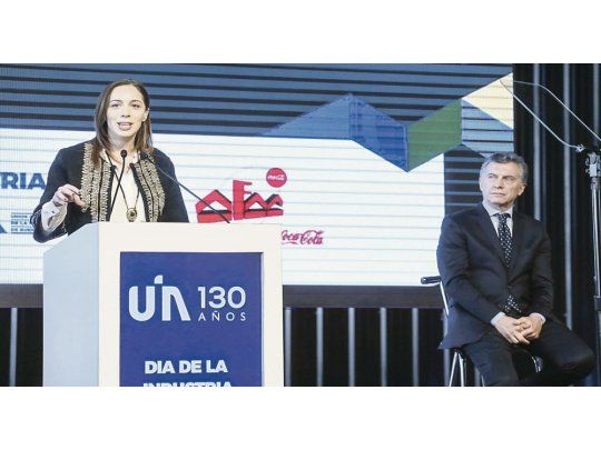 Firmeza. Con Macri a pocos metros, en un acto en Pilar por el Día de la Industria, Vidal dejó en claro que sigue firme su estocada en la Corte en pos de volarle el techo de $650 millones al Fondo del Conurbano.