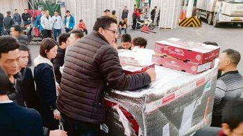 DESEMBARCO. Los 1.300 kilos de cerezas de Chimpay (Río Negro) ya se encuentran en China, en lo que constituye el primer envío de este producto por vía aérea.&nbsp;