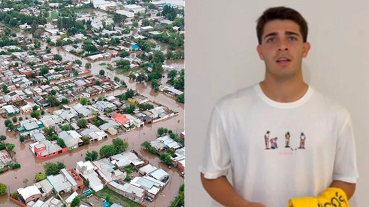 A Boca player raffles off a t-shirt in solidarity with those flooded in Gualeguay