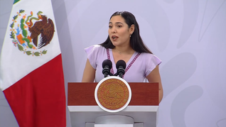 Indira Vizcaíno Silva en la Mañanera del Pueblo de este viernes desde Colima. Indira Vizcaíno Silva en la Mañanera del Pueblo de este viernes desde Colima.