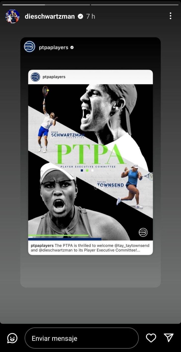 Diego Schwartzman fue anunciado este lunes como uno de los nuevos miembros del Comité Ejecutivo de la Professional Tennis Players Association (PTPA), organización que lidera el serbio Novak Djokovic. Diego Schwartzman fue anunciado este lunes como uno de los nuevos miembros del Comité Ejecutivo de la Professional Tennis Players Association (PTPA), organización que lidera el serbio Novak Djokovic.
