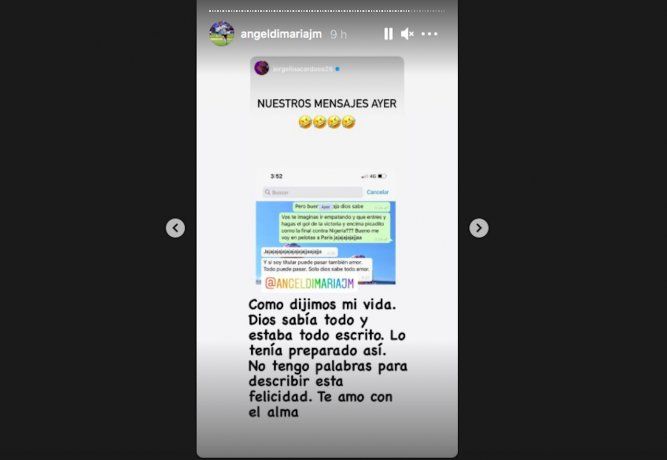 Ángel Di María publicó la captura de chat en la que su esposa le anticipaba que convertiría un gol contra Brasil. 