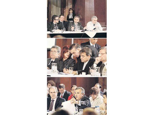 Ricardo Jaime, junto a Eric Calcagno y Fabián Ríos, intentó defender en el Senado la estatización de Aerolíneas Argentinas (arriba). Miguel Pichetto sólo pasó a vigilar la reunión, junto a Marita Perceval y Nicolás Fernández (centro). El radical Gerardo Morales lideró el ataque contra el funcionario. Cuestionó los balances de Aerolíneas Argentinas y el monto de la deuda de la empresa (abajo).
