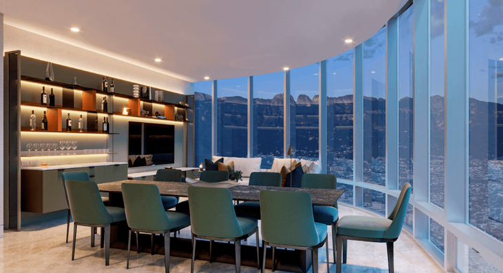 Con bar y áreas comunes dotados de amplios aventanamientos hacia distintos puntos de Monterrey Con bar y áreas comunes dotados de amplios aventanamientos hacia distintos puntos de Monterrey