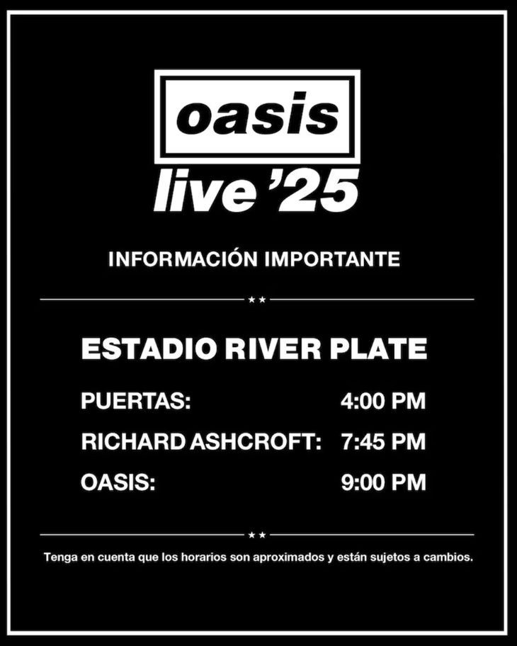 Horarios confirmados para la última noche de Oasis en el estadio Monumental. Horarios confirmados para la última noche de Oasis en el estadio Monumental.