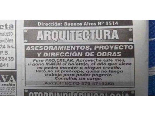 El aviso publicado por Nahuel Mosquera