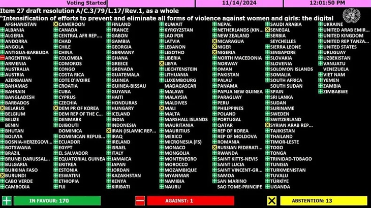 La votaci&oacute;n en la ONU. 170 pa&iacute;ses, entre ellos EEUU e Israel, votaron a favor de una resoluci&oacute;n contra la violencia hacia mujeres. En tanto, hubo 13 abstenciones y un &uacute;nico rechazo, el de Argentina.