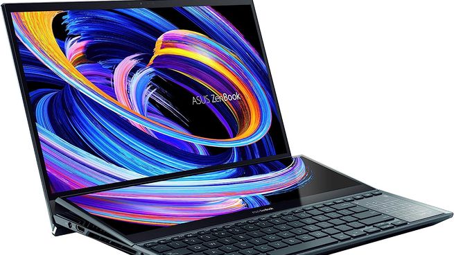 La ASUS Zenbook DUO es una laptop con 2 pantallas táctiles OLED de 14 pulgadas cada una, equipada con un teclado desmontable magnético Bluetooth de tamaño completo y un soporte integrado.