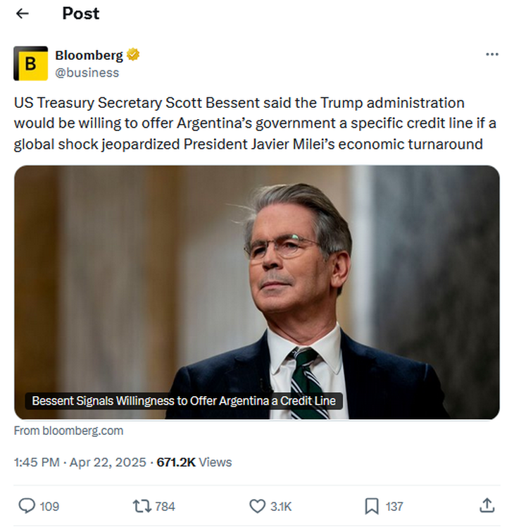 Scott Bessent, Secretario del Tesoro de los EE.UU., habla durante su visita a Buenos Aires en abril, de habilitar los fondos del ESF en caso de que Argentina sufra un embate externo. Scott Bessent, Secretario del Tesoro de los EE.UU., habla durante su visita a Buenos Aires en abril, de habilitar los fondos del ESF en caso de que Argentina sufra un embate externo.