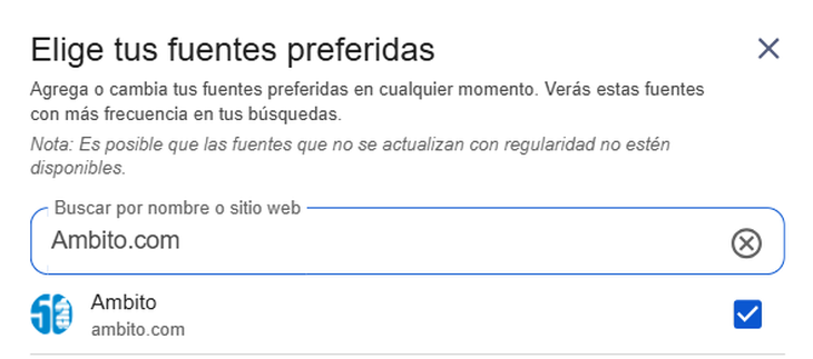 Una vez seleccionado el medio, Google ya guardará los cambios para la próxima búsqueda de noticias.