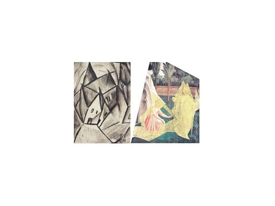 “Pueblo de Noche”  (1918)  carbonilla sobre papel del artista alemán Kurt Schwitters que integra la imperdible muestra  “El Círculo Caminando Tranquilo”. “Oro Flexible”(2013), lapicera dorada sobre offset de la prestigiosa y cotizada artista brasileña Laura Lima.
