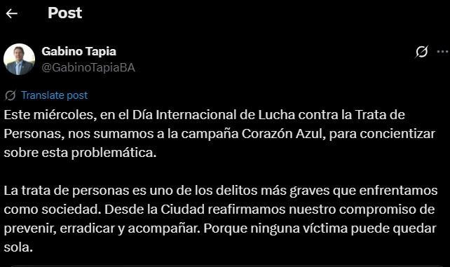 El mensaje en la red social X del ministro de Justicia de la Ciudad, Gabino Tapia, en el que explica el valor simb&oacute;lico de la intervenci&oacute;n del Obelisco al ser iluminado de azul.&nbsp;