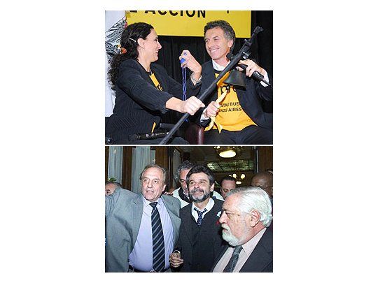 Durante los cierres de campaña el jueves. Arriba Mauricio Macri y Gabriela Michetti de PRO. Abajo Daniel Filmus y Carlos Heller del FpV.