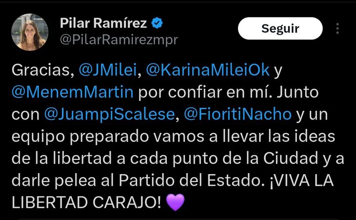 La publicación en X donde Pilar Ramírez agradece a su equipo más cercano La publicación en X donde Pilar Ramírez agradece a su equipo más cercano