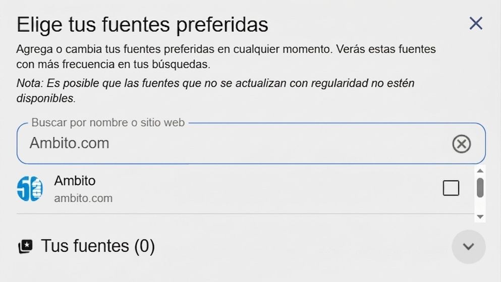 Google ahora te permitirá elegir a Ámbito como una fuente preferida.