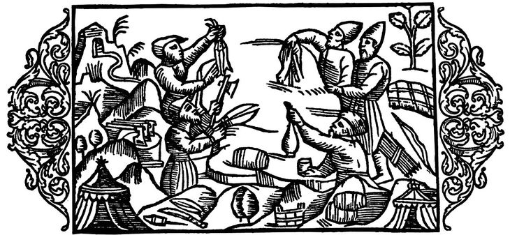 Nórdicos trocando pescado seco, telas, harina, hachas, cuchillos y tijeras por pieles, flechas, arcos y una bolsa de algo (¿manteca, licor o monedas?) con los rusos. Grabado de Olaus Magnus, 1555 Nórdicos trocando pescado seco, telas, harina, hachas, cuchillos y tijeras por pieles, flechas, arcos y una bolsa de algo (¿manteca, licor o monedas?) con los rusos. Grabado de Olaus Magnus, 1555