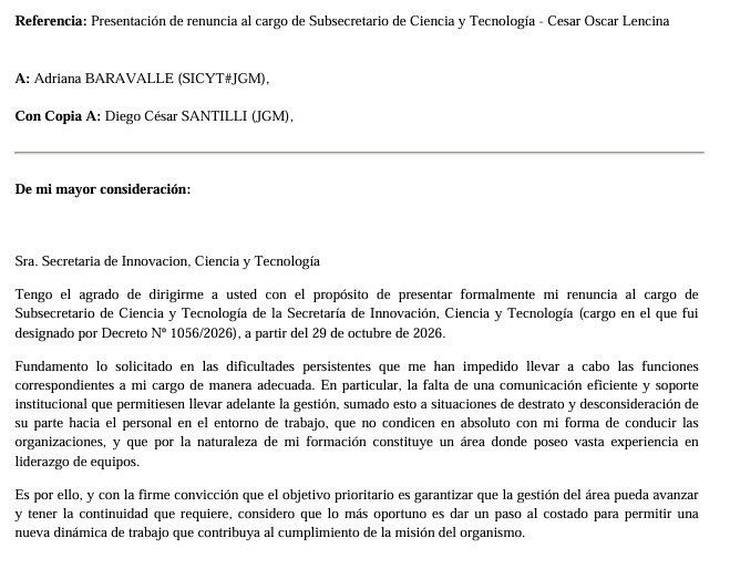 La carta fue dirigida a Adriana Baravalle y remitida también al jefe de Gabinete, Diego Santilli.