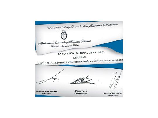 Facsímil de la resolución firmada por las autoridades de la CNV, que establece la interrupción transitoria de la oferta pública de Siderar.