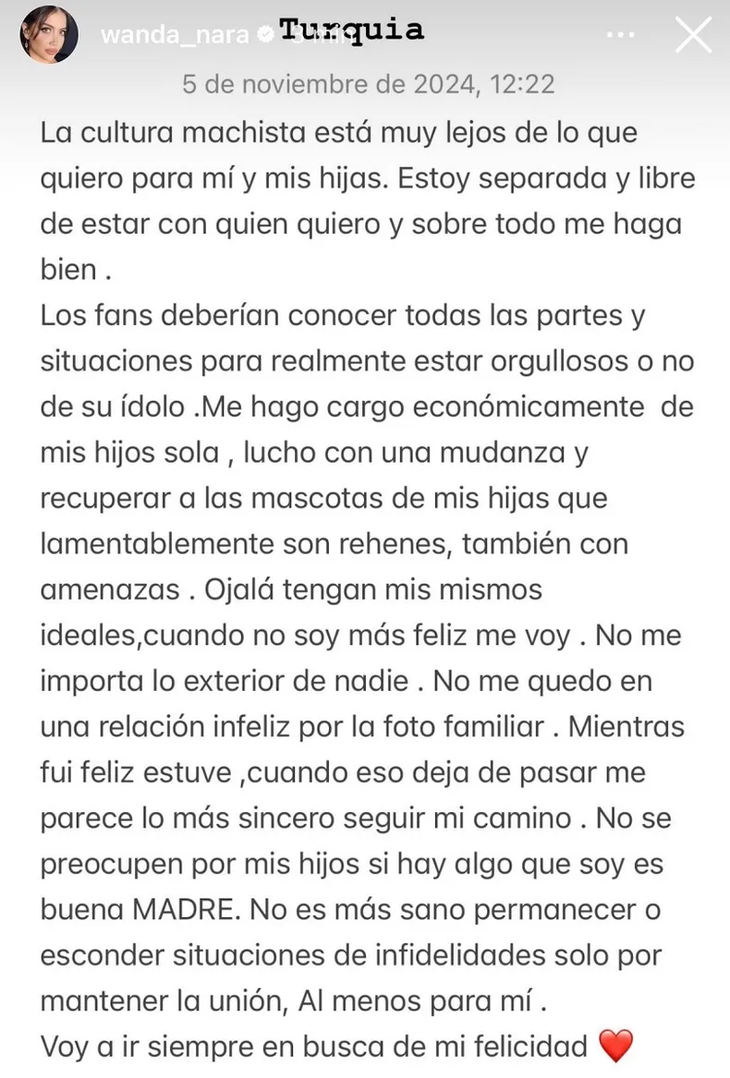 The message that Wanda Nara published on Instagram and then deleted. The message that Wanda Nara published on Instagram and then deleted.