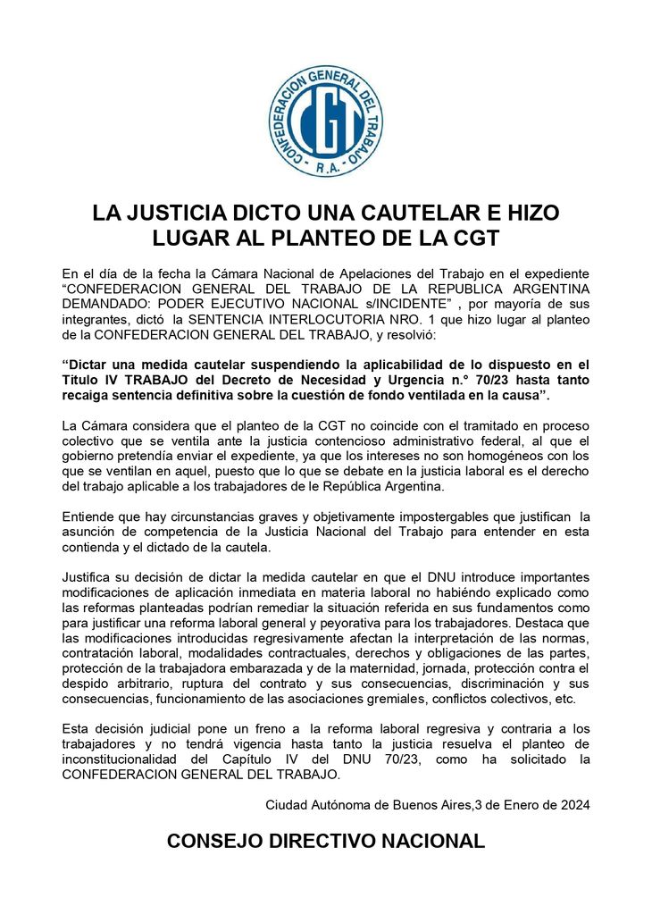 El comunicado oficial de la CGT celebrando la decisión de la justicia. El comunicado oficial de la CGT celebrando la decisión de la justicia.