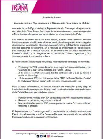 Triana ya habría sufrido otros dos ataques en 2024, por medio de llamadas y mensaje intimidatorios de Whatsapp.