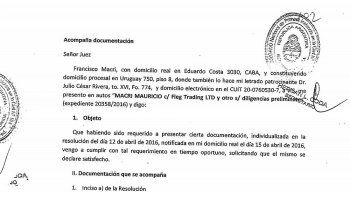 Facsímil del escrito original presentado por Francisco Macri ante la Justicia para intentar desligar a su hijo Mauricio del escándalo surgido con los Panamá Papers.