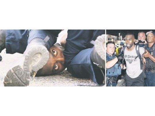 tensión. Los choques en Baton Rouge (izquierda) fueron especialmente duros. Allí fue detenido un líder negro local,  DeRay Mckesson (arriba).