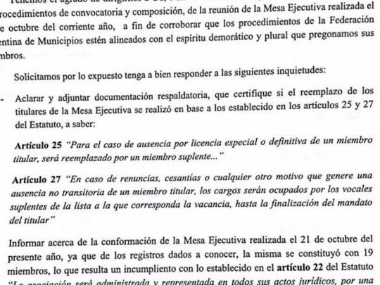 Reclamo. Con la firma de Menéndez y Watson, los intendentes enviaron una carta a la FAM para conocer la conformación de la mesa ejecutiva que fijó la elección de autoridades para marzo.
