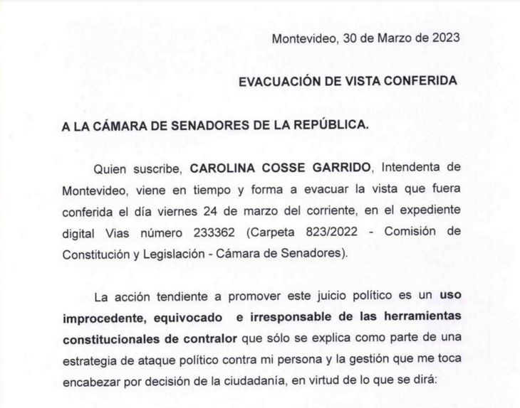 Fragment of the document that Carolina Cosse gave to the Vice President of the Republic, Beatriz Argimón.
