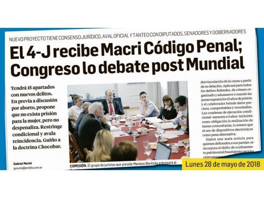 Adelanto. El 4 de junio pasado, la comisión de juristas entregó el anteproyecto de Código Penal al Ministerio de Justicia. El 25 de junio se envía al Congreso para debate.