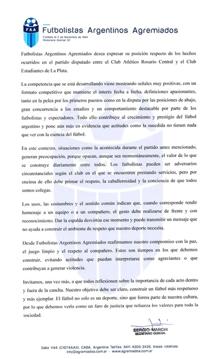 El comunicado oficial de Futbolistas Argentinos Agremiados.
