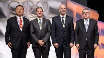 Yamashita, Haggerty, Infantino y Bach, tres de los máximos dirigentes del deporte mundial.
