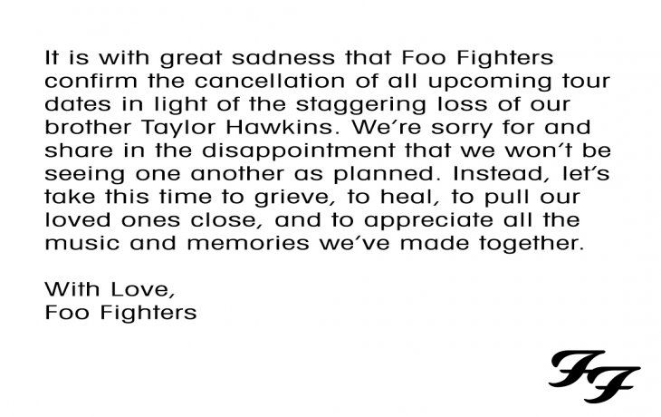 El comunicado de Foo Fighters anunciando la cancelaci&oacute;n de su gira tras el fallecimiento de Taylor Hawkins.