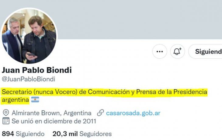 El Twitter de Juan Pablo Biondi. 