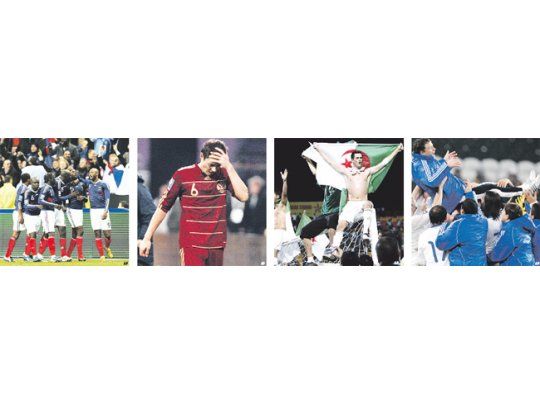POSTALES. Gallas es abrazado por sus compañeros. Bilyaletdinov se lamenta por la eliminación de Rusia. Los argelinos festejan en Sudán. El plantel griego alza a su DT como símbolo de celebración.
